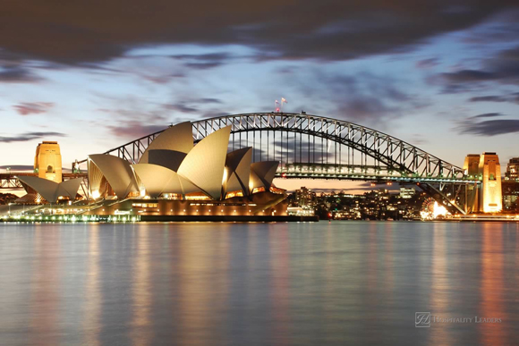 Sydney Opera House with Harbour Bridge at night detail