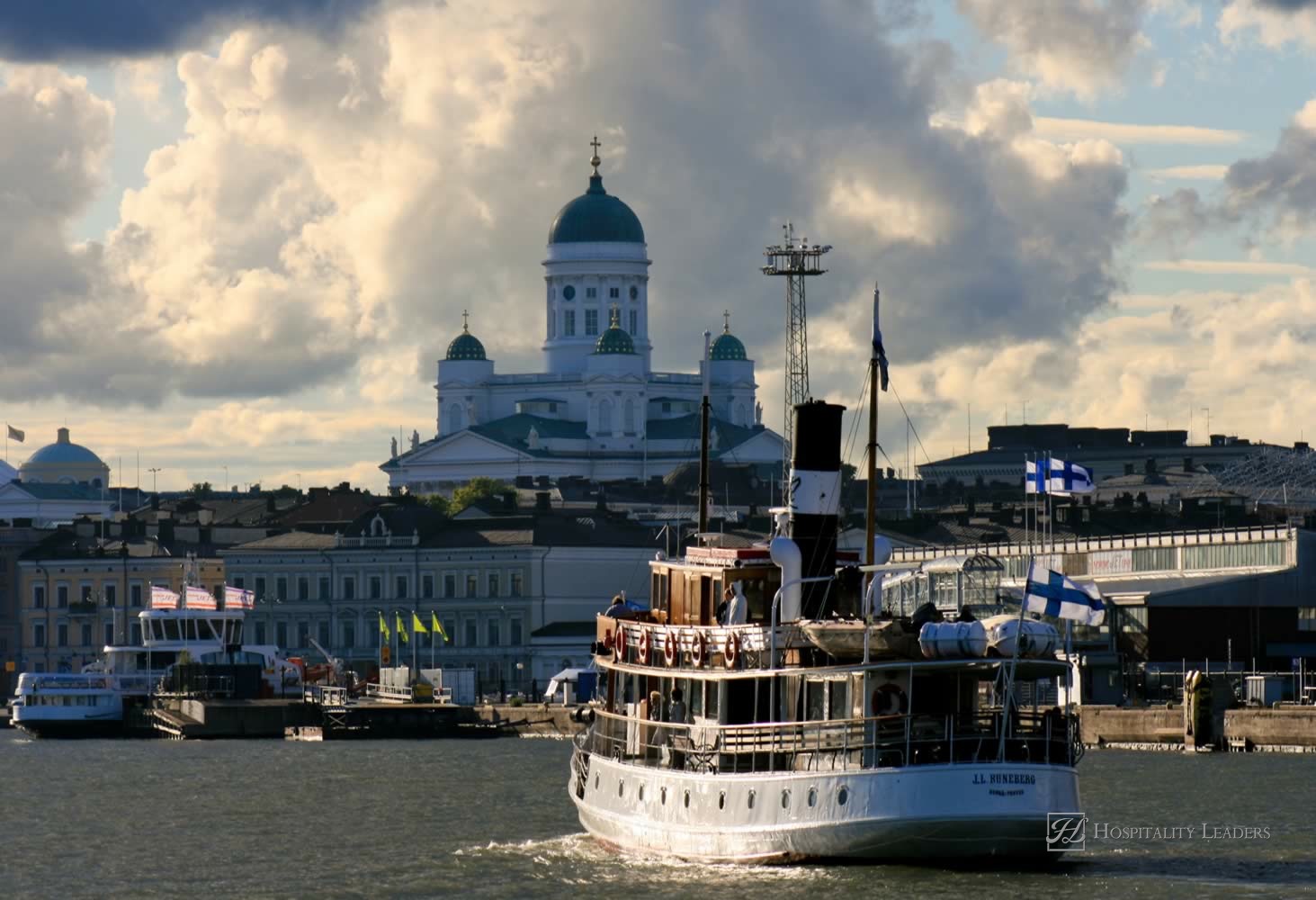 Hospitality News: HELSINKI, FINLAND - JUNE 29: Helsinki, "daughter of the Baltic Sea", view from the sea to most popular tourist attractions: Cathedral and Market Square on June 29, 2008 in Helsinki, Finland