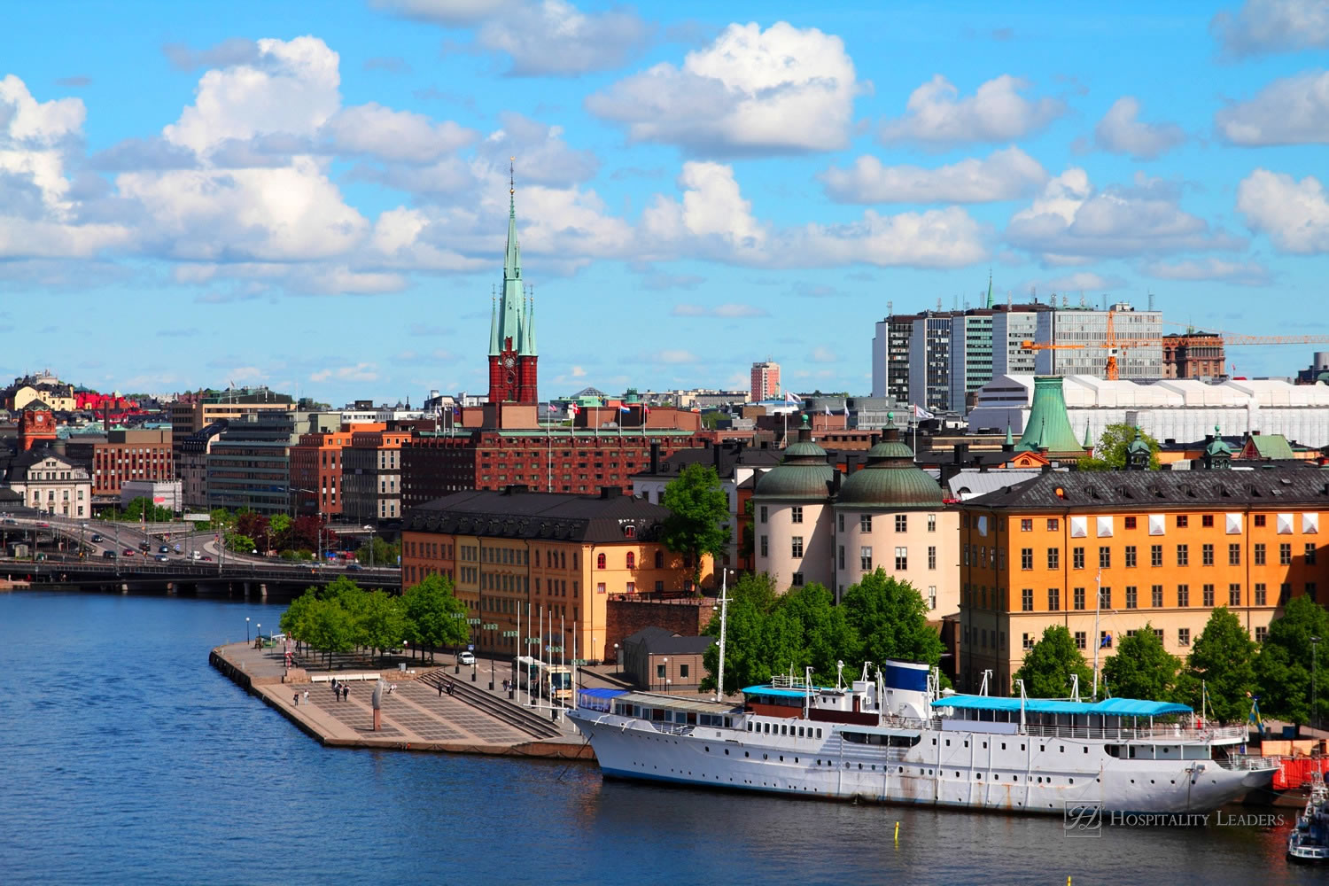 Stockholm, Sweden. View of famous Gamla Stan (the Old Town), Riddarholmen island. Restaurant and hotel ship