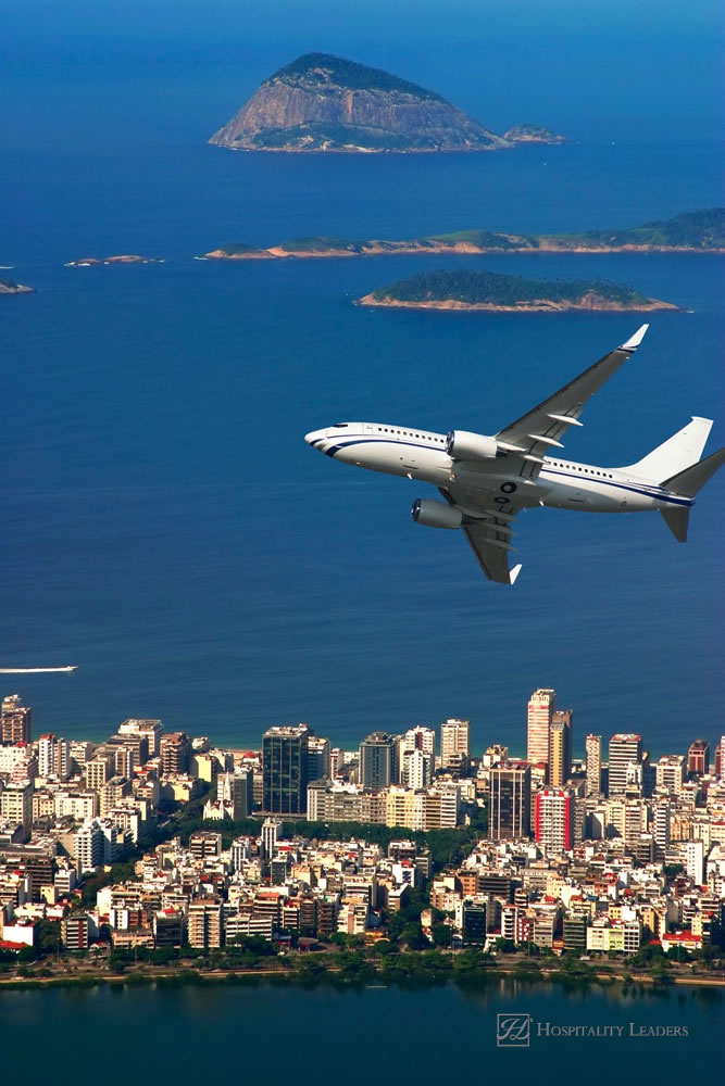 Airplane over Ipanema beach in Brazil