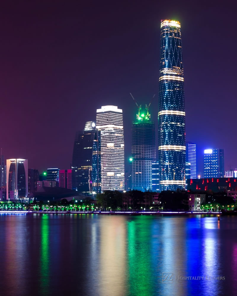 Zhujiang River and modern building of financial district at night in guangzhou china