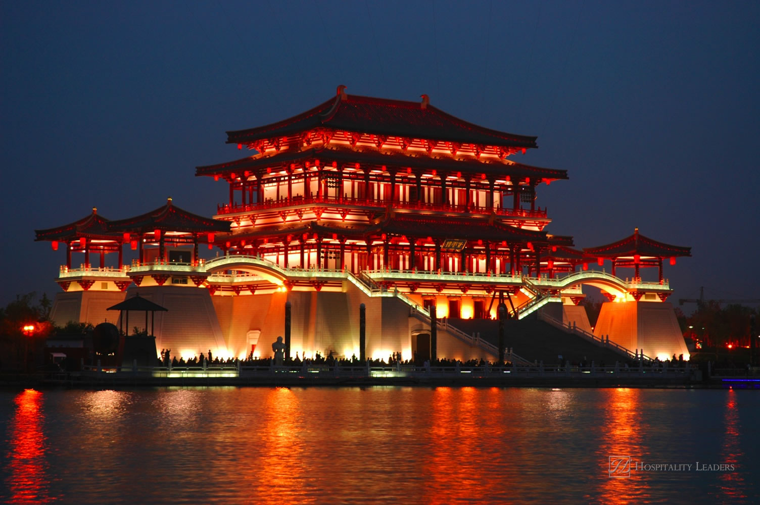 Reflection of the Tang Paradise Center at night, Xi'an, China