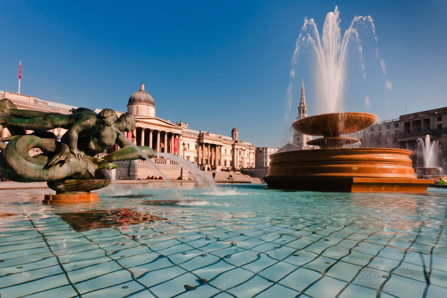 London, Trafalgar square with National Gallery and fountains