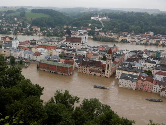 Raging waters from three rivers have flooded large parts of Passau, Germany, following days of heavy rainfall in central Europe. (Photo: Matthias Schrader, AP)