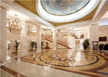 Hospitality News: The lobby at the Radisson Royal in Moscow, one of the world's leading hotels for business travelers. Russia is the top market for luxury hotels in the BRICs.